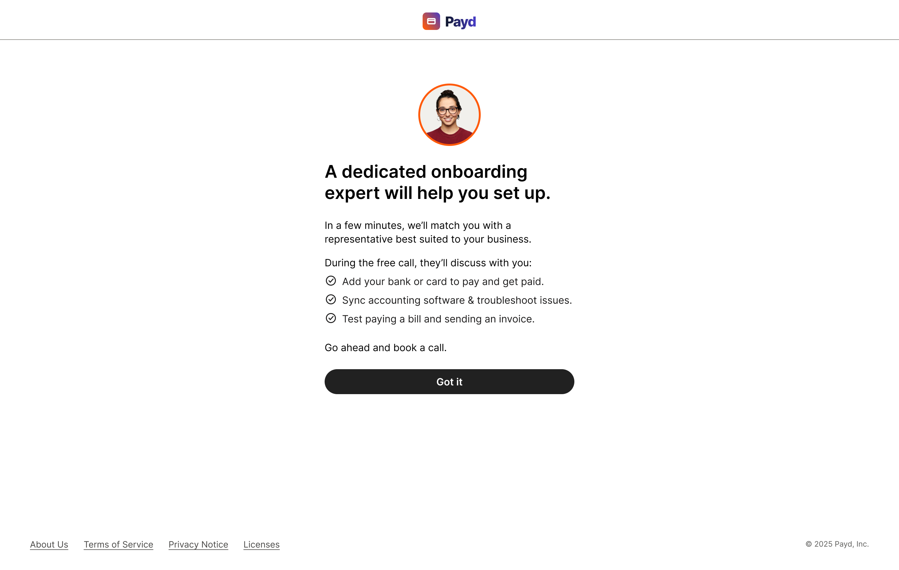 Signup moment: a modal offering a call with a dedicated onboarding expert, shown as the account is created.